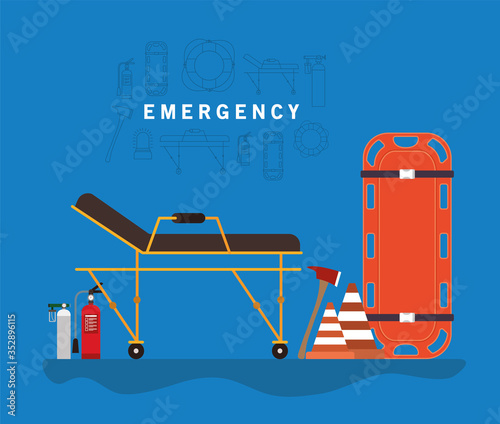 Emergency stretcher cones and oxygen cylinders vector design