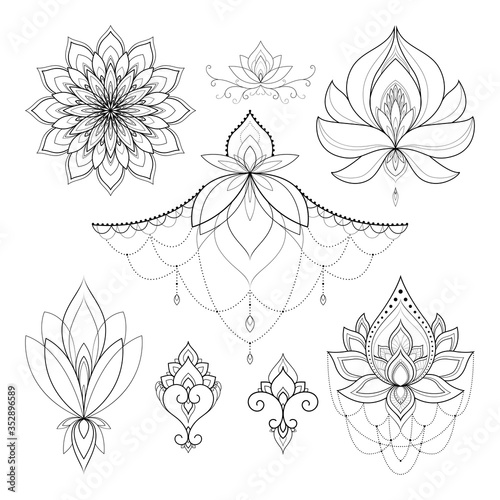 Set of eight ethnic ornaments and mandalas for Henna drawing and tattoo template. Ethnic tattoo sketch. Vector illustration