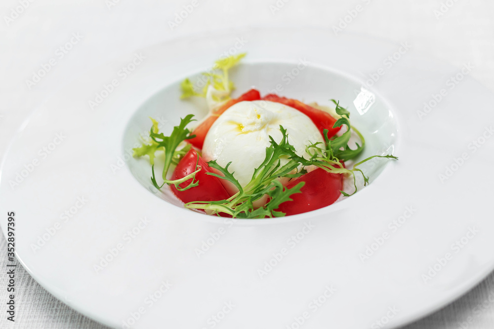 Tomatoes with burrata cheese and basil on white plate Tomatoes with burrata cheese and basil on white plate