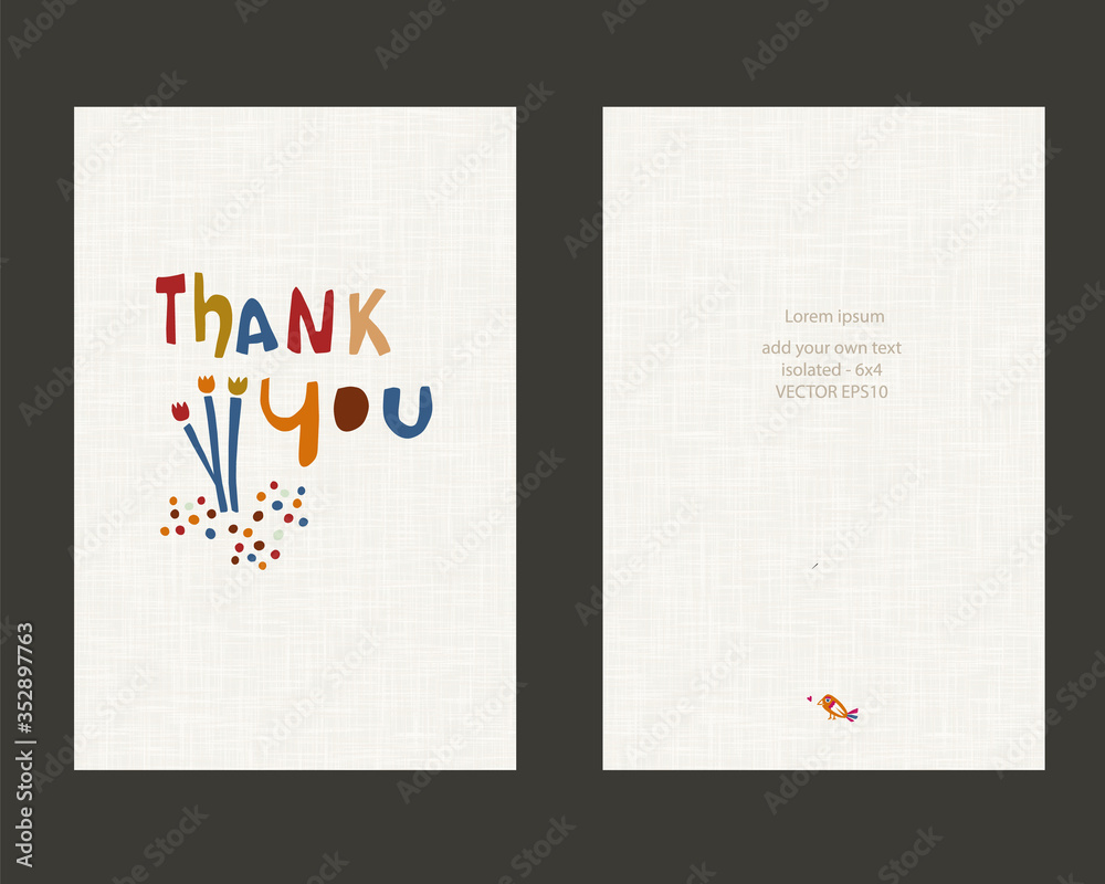 Fototapeta Bright floral thank you greeting card template on linen background. Cute hand drawn collage lettering, flowers and bird. Scandi doodle floral gratitude appreciation notecard. Creative vector isolated