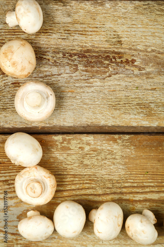 Frame of champignons on a table of rough boards.