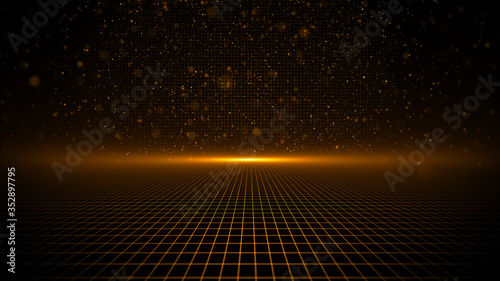 Perspective Grid. Abstract background shining golden floor ground particles stars dust with flare. Futuristic glittering in space on black background.