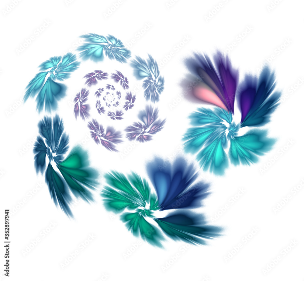 Bright flowers of cold shades are twisted in a spiral on a white background. Abstract fractal background. 3D rendering. 3D illustration.