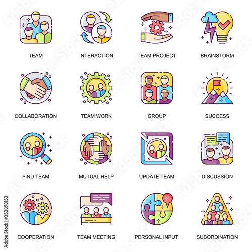 Teamwork flat icons set. Team meeting, personal input, mutual help, work team collaboration and brainstorming line pictograms for mobile app. Corporate relationship and partnership vector icon pack.