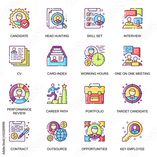 Head Hunting flat icons set. Candidate interview, career path, performance review, portfolio and skills, target candidate line pictograms for mobile app. Human resource management vector icon pack.