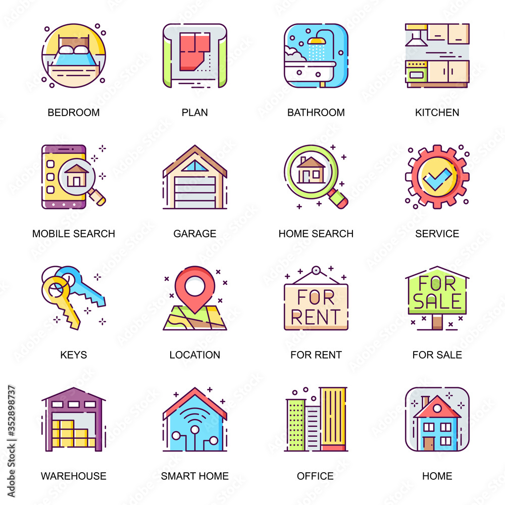 Real estate flat icons set. Bedroom, bathroom and kitchen, rent and sale service, smart home, residential and commercial building line pictograms for mobile app. Real estate agency vector icon pack.