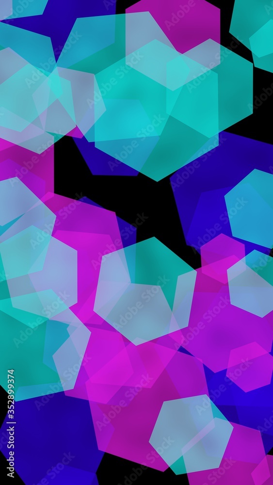 Multicolored translucent hexagons on dark background. Vertical image orientation. 3D illustration Multicolored translucent hexagons on dark background. Vertical image orientation. 3D illustration