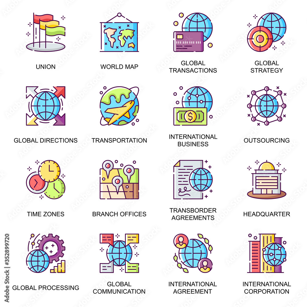 Global business flat icons set. Transborder agreement, world transportation and communication, processing, direction, outsourcing line pictogram for mobile app. International business vector icon pack