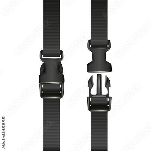 Vector 3d realistic black dual quick release buckle, closed and opened. Isolated on white background. photo