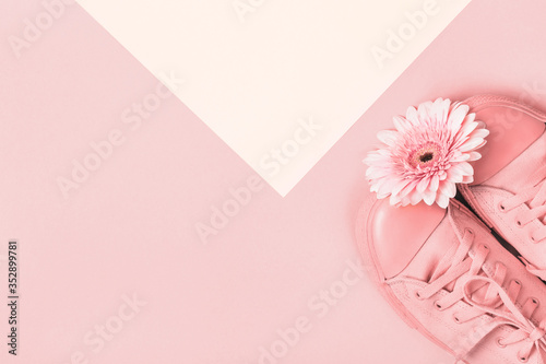 Sneakers and gerbera flower on geometric background. Fashion monochrome concept in pink colors