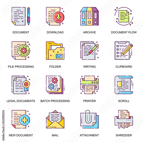 Business documents flat icons set. Batch processing, legal documents, archive, file download, shredder, mail attachment line pictograms for mobile app. Paperwork and documentation vector icon pack.