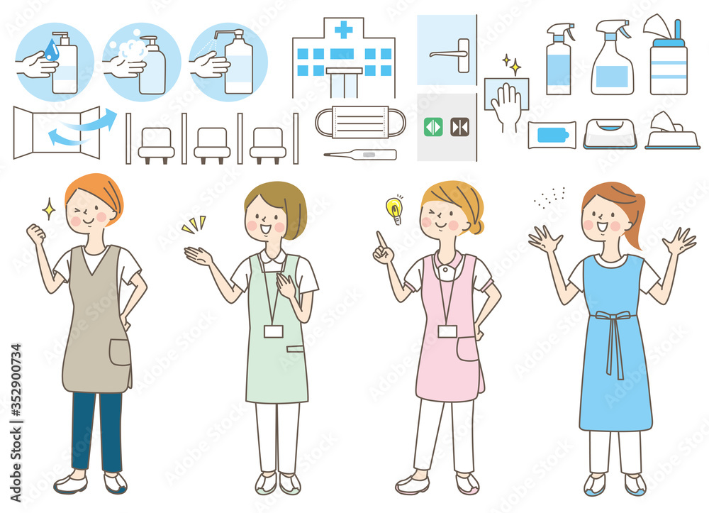 若い女性 看護師 整体師 白衣 表情セット 若い女性 看護師 整体師 白衣 表情セット