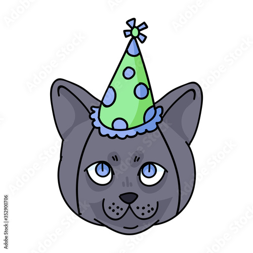 Cute cartoon British shorthair kitten face with party hat vector clipart. Pedigree kitty breed for cat lovers. Celebration cat for pet parlor illustration mascot. Isolated feline housecat. EPS 10.