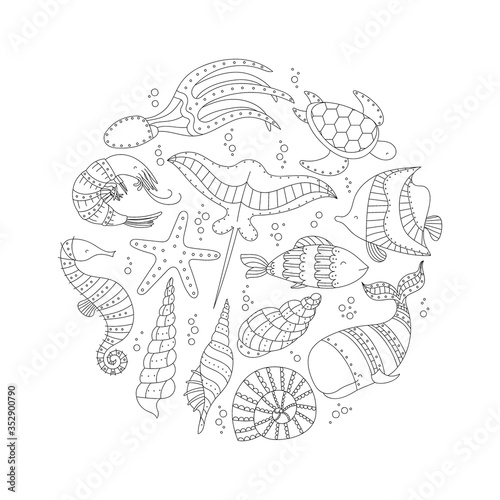 Ocean life - cute sea animal set. Linear drawing.