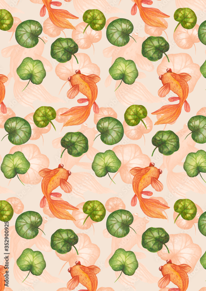 watercolor pattern with fishes and leafes watercolor pattern with fishes and leafes