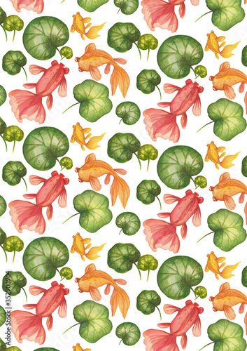 seamless pattern with green leaves and fishes