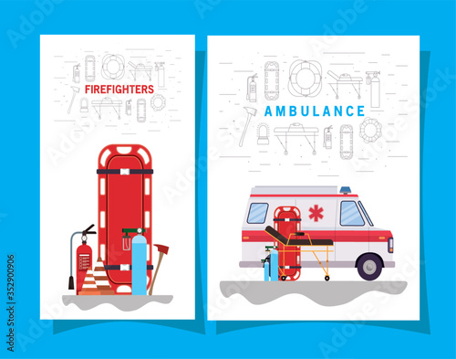 Ambulance paramedic car and firefighters icon set vector design