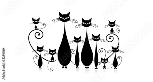 Funny cats family with kittens, black silhouette