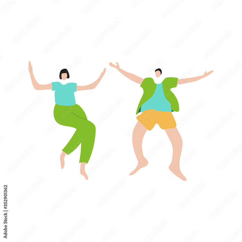 Flyer or poster for a summer dance party. A couple of friends in summer clothes have fun and jump. Vector illustration in flat style.