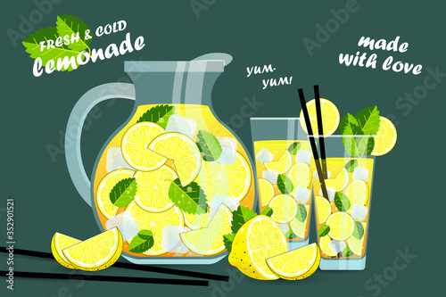 Summer drink lemonade. A large jug and a glass of lemonade. Hand drawn lemonade. Lemon juice bubble drink with labels and typography