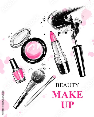 Valokuva Hand drawn set with lipstick, brushes, mascara, nail polish, powder blush and bow