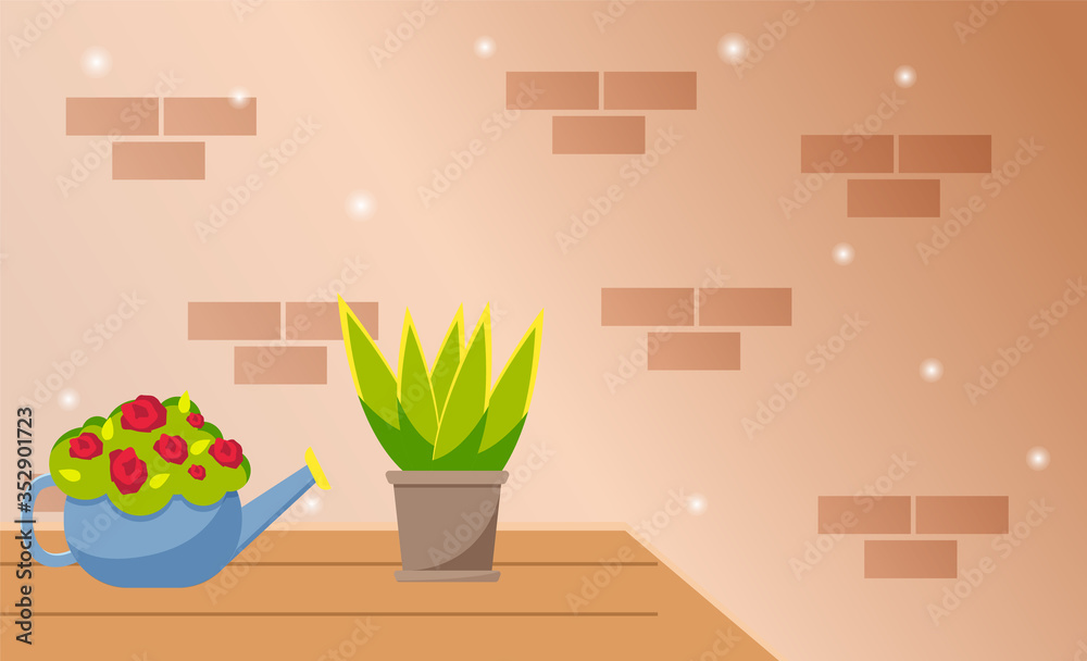 House plants in pots and watering can. A bouquet of red flowers in a watering can and a pot of evergreen stand on a table against a brick wall. The subject for watering flowers is used as a vase House plants in pots and watering can. A bouquet of red flowers in a watering can and a pot of evergreen stand on a table against a brick wall. The subject for watering flowers is used as a vase