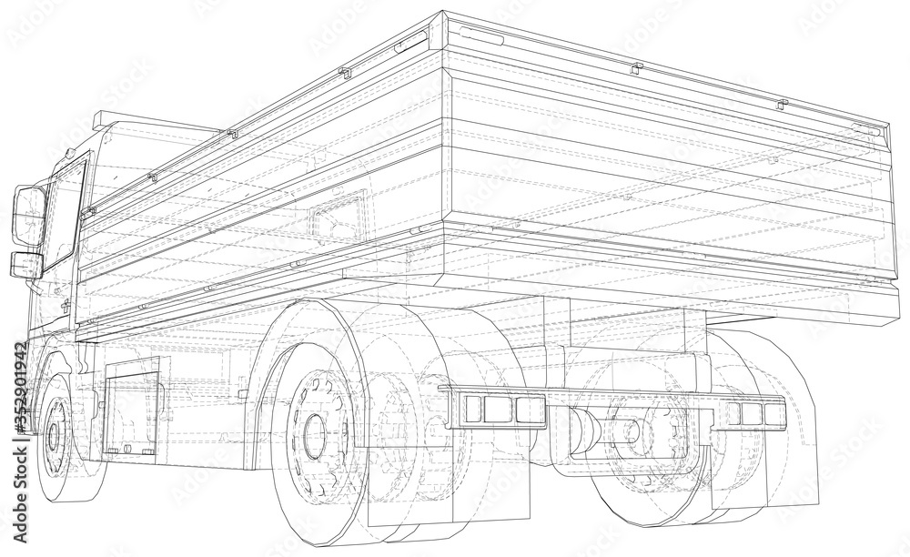 Flatbed truck illustration vector. Wire-frame line isolated. Vector rendering of 3d.