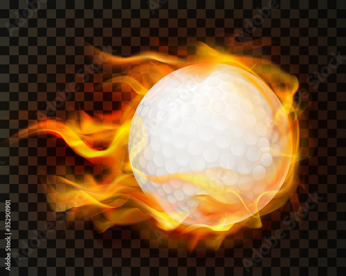 Superheated burning golf ball in fire flying through the air, isolated 3d realistic vector illustration. Sport club logo, equipment store ad, golf tournament promo design element
