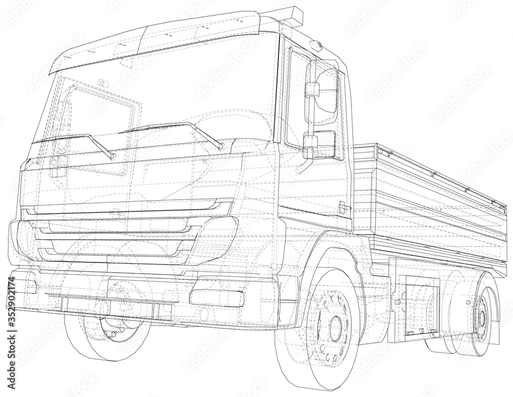 Vector Wire-frame isolated Flatbed truck on background. Vector rendering of 3d.
