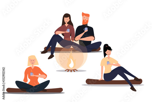 Cartoon People Sit Bonfire at Summer Night Vector Illustration. Summertime Camping Evening. Forest Wood Picnic. Nature Recreation.