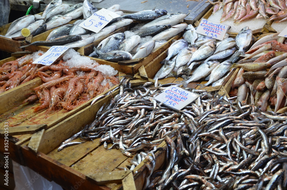 A stall that selling various kind of fishes and seafood at Athens market.