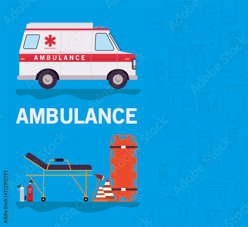 Ambulance paramedic car side view oxygen cylinders and stretcher vector design