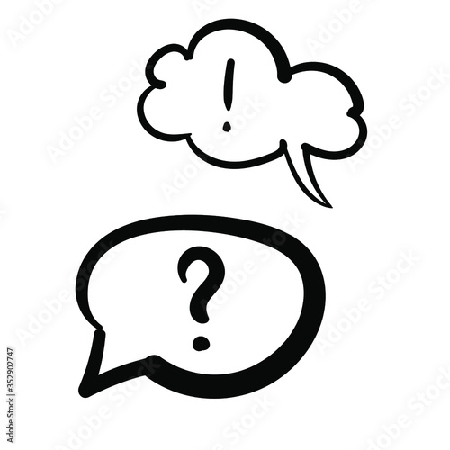 Speech Balloon. Cartoon. Comics. Dialog bubble. Question mark. Exclamation point. Punctuation mark. Doodle style and black color. Hand drawn. Black icon isolated on white background. Vector EPS 10. 
