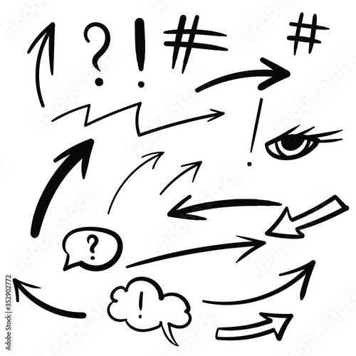 Arrow. Punctuation mark. Eye. Clipart. Simple elements. Doodle style and black color. Hand drawn. Black icon isolated on white background. Vector EPS 10. 