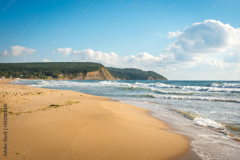 Summer scenery - wild beach in a sunny day. Black sea coastline, Bulgaria. Irakli beach - obrazy, fototapety, plakaty 