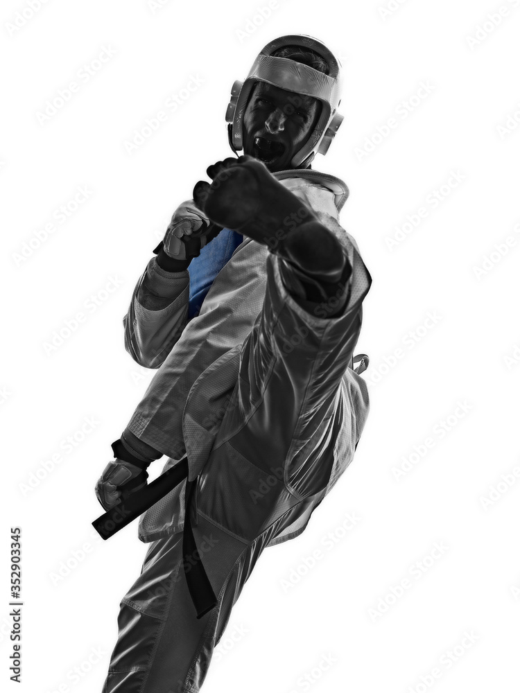 Taekwondo fighter man isolated white background Taekwondo fighter man isolated white background