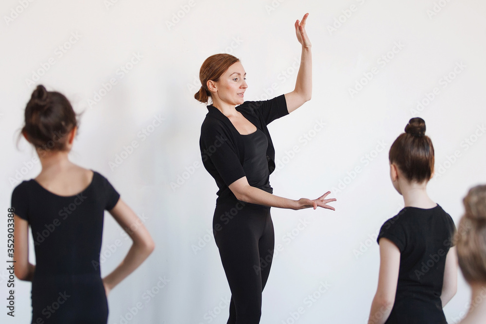 Trainer dancers in black tights in training. Trainer dancers in black tights in training.