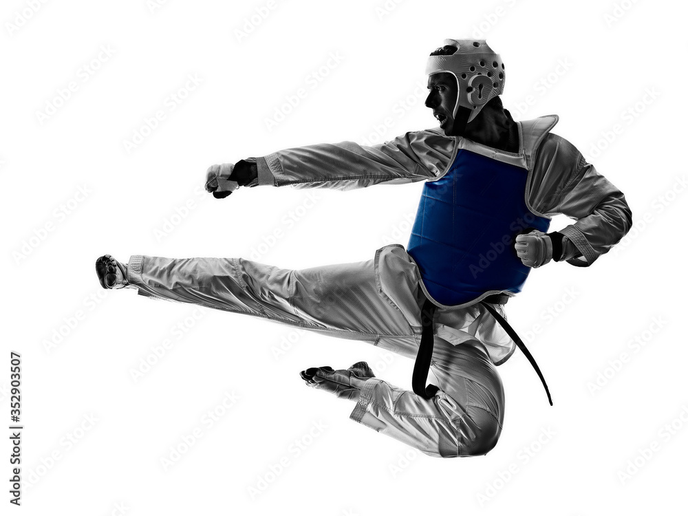 Fototapeta premium Taekwondo fighter man isolated white background