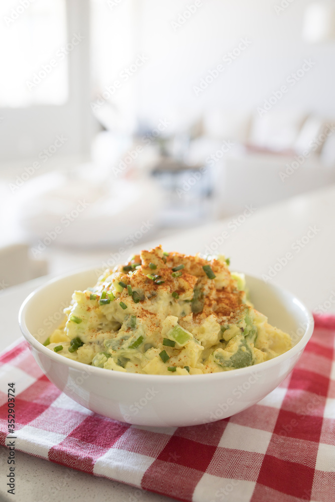 American Potato Salad with Mustard, Mayonnaise, Pickles, and Egg
