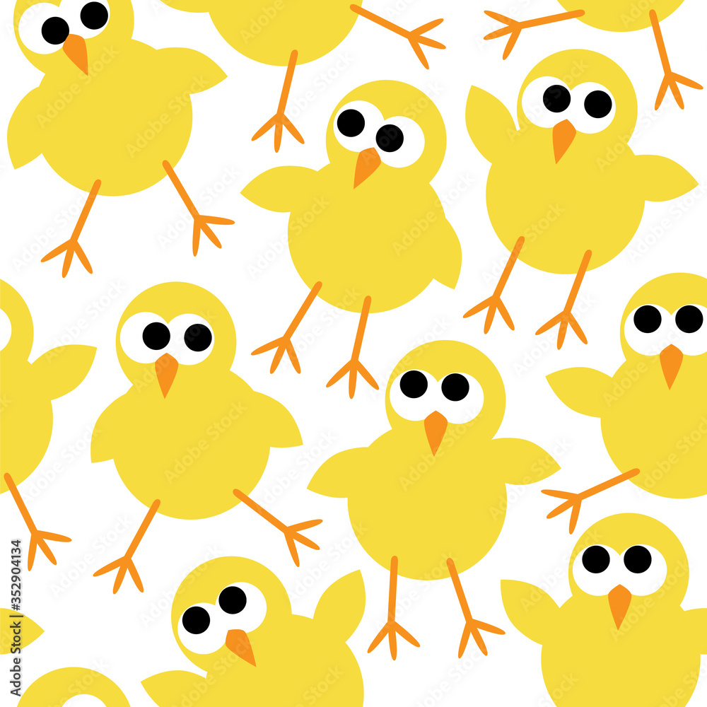 Seamless pattern with cute little yellow chickens / easter chicks. Repetitive flat vector illustration on transparent background.