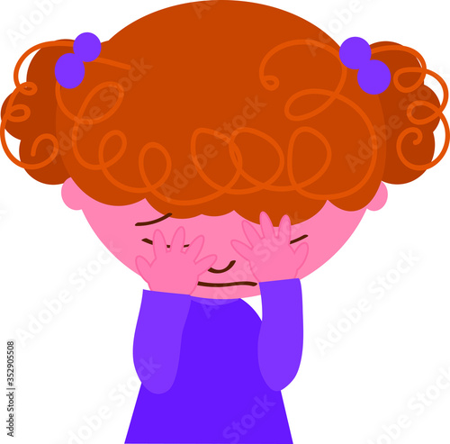 Unhappy cartoon cute curly girl, isolated vector illustration