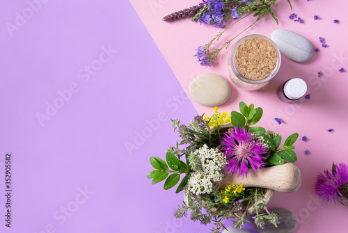 Alternative medicine. Herbs for making homeopathic products. Homeopathy.