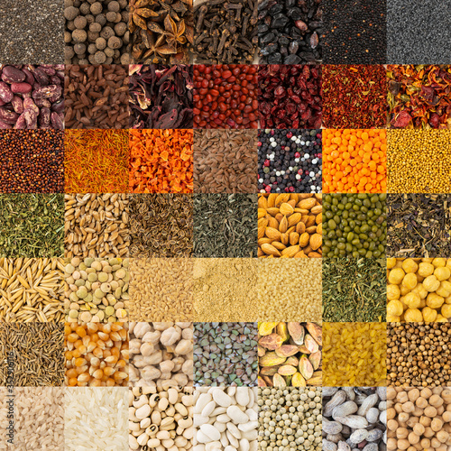 Collection of aromatic spices and condiments, collage background