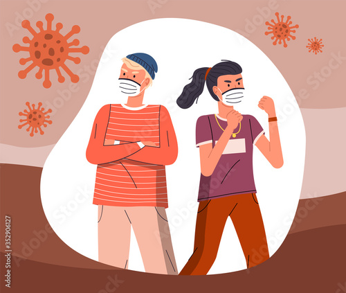 Young guy and girl wearing medical masks fighting with flying virus. World epidemic concept. Spreading virus in the air. Protesting against coronavirus or covid-19. Cartoon characters in flat style