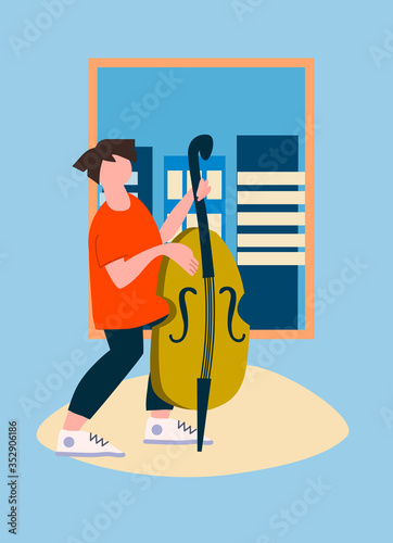 Young man playing double bass by the window. Neighbourhood concert. Creative occupation concept. Social distancing during COVID-19 pandemic concept. Vector illustration in flat style