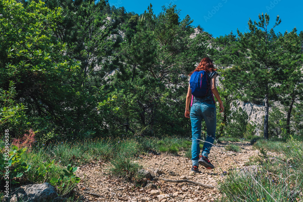 A full body shot of an unrecognizable young Caucasian female hiker with a backpack walking up a path in the French Alps mountains on a sunny summer day