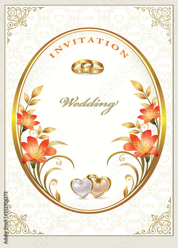 Wedding card, vector background design with flowers, rings and hearts for invitation, greetings