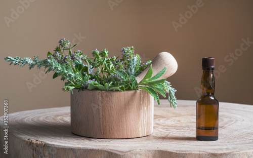 Wooden mortar and pestle with herbs for making homeopathic products. Alternative medicine.