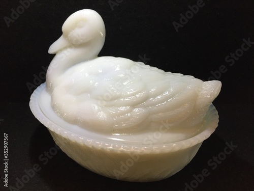 Circa 1902 Atterbury & Co. Milk Glass Duck lidded animal dish. Ultra rare, previously unknown mould attribution. photo