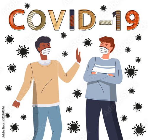 Mix race guys wearing face medical masks at background of flying virus. World epidemic concept. Spreading virus in air. Protesting against coronavirus or covid-19. Cartoon characters in flat style